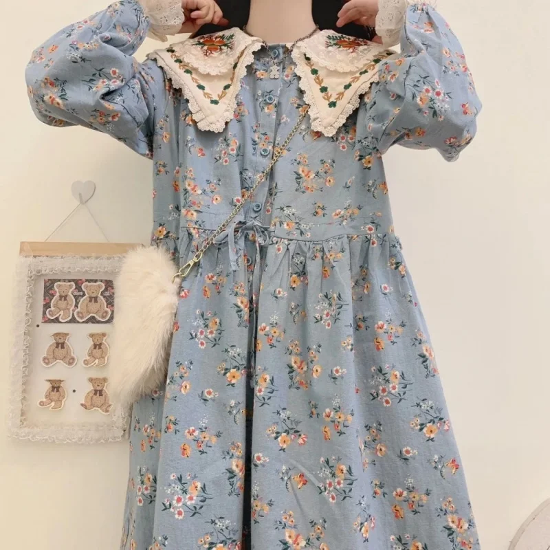 Japanese Doll Collar Dress for Women Forest Style Loose Embroidered Small Flower Cardigan Long Sleeve Shirt Robe  w1453