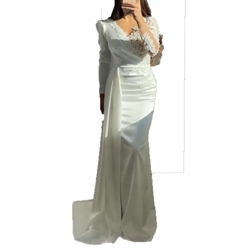 Pretty White Women Prom Dresses V-Neck Full Sleeves Floor Length Slim Fit Fancy Lace Elegant Chic Formal Evening Party Gowns