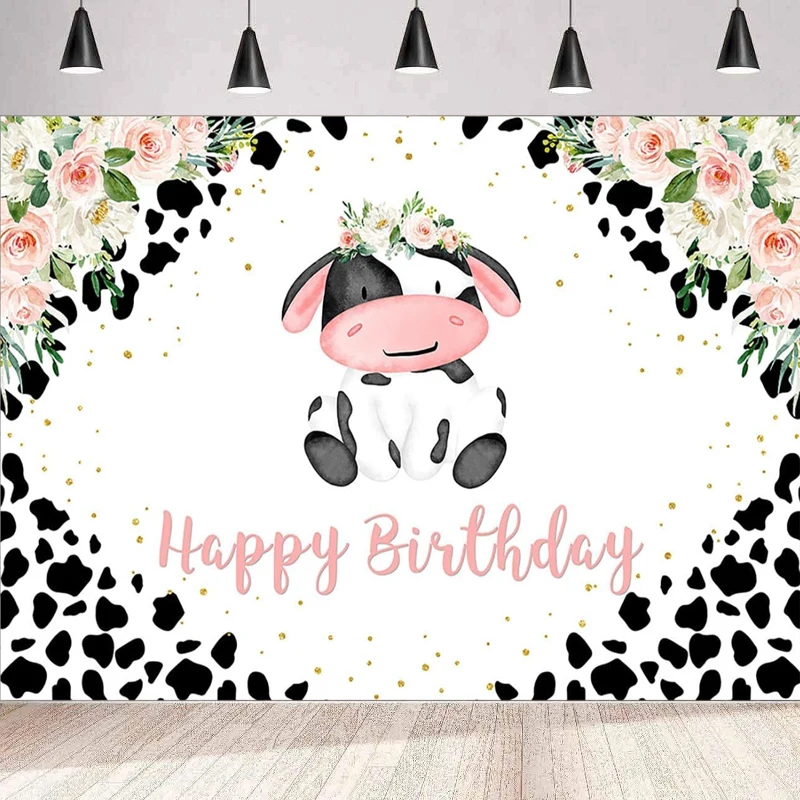 

Holy Cow Photography Backdrop Blush Pink Floral Cow Print Background Wall Farm Girl Happy Birthday Party Cake Table Decor Banner