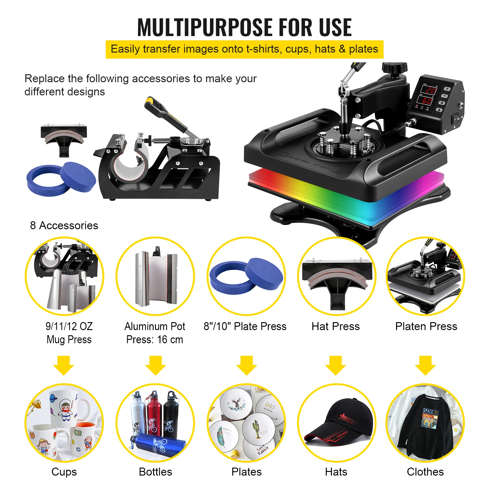 VEVOR 30*38CM 8 in 1 Combo Upgrade Heat Press Machine 360° Rotation Sublimation Printer Cap Shirt Mug Plate 2D Heat Transfer