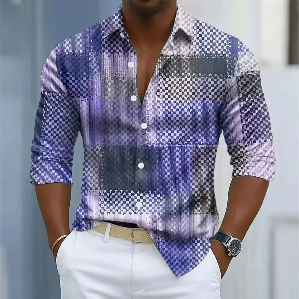 

3D Digital Printing Men's Long Sleeve Striped Polyester Shirt Polyester Outdoor Wear Casual Clothing Comfortable Spring