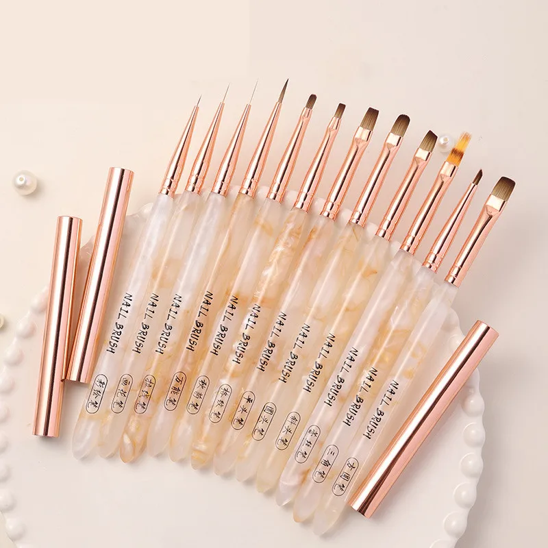 1/12 stks Nieuwe Nail Art Brush Ontwerp Schilderen Polish Gel Brush UV Gel Nail Draw Pen Gereedschap Ronde kop Houten Handvat Metalen Cap