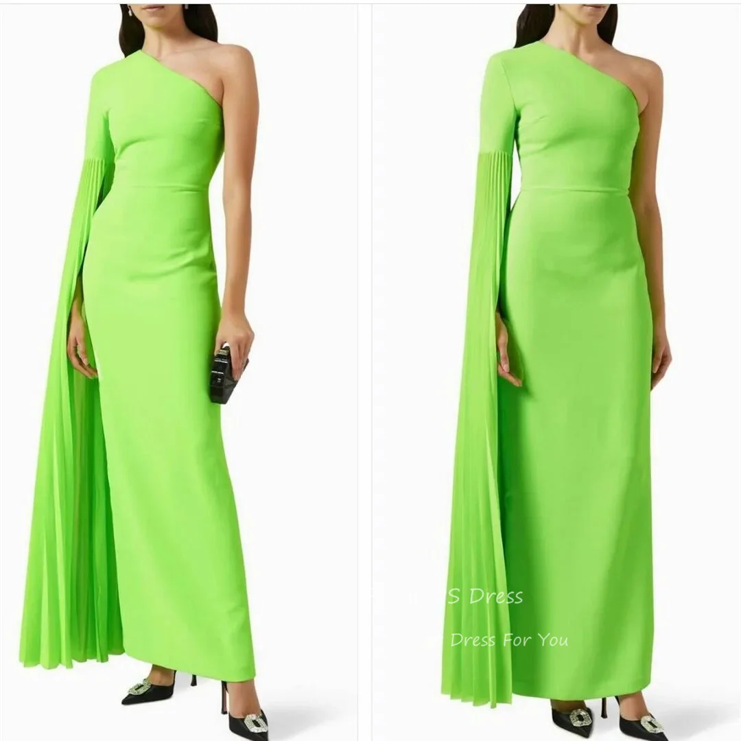 

Vintage Green One Shoulder Evening Dresses With Long Cape فساتين السهرة Pleated Ankle Length Prom Dress for Women Party Gowns