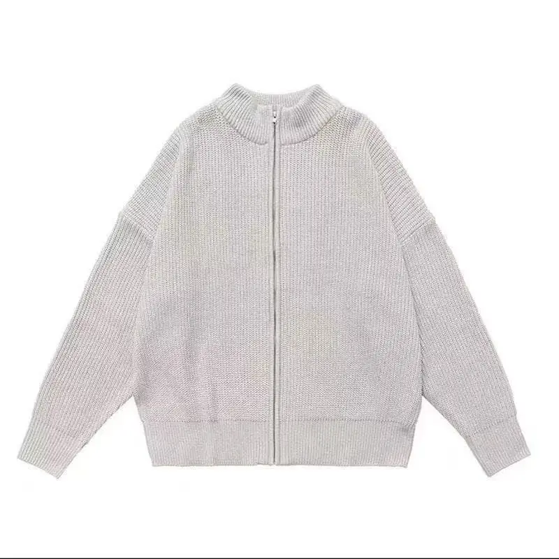 한국 스타일 지퍼 남성 니트웨어 루즈 숄더 다운 스탠드 칼라 솔리드 컬러 하이 스트리트 가디건 봄 아우터 코트