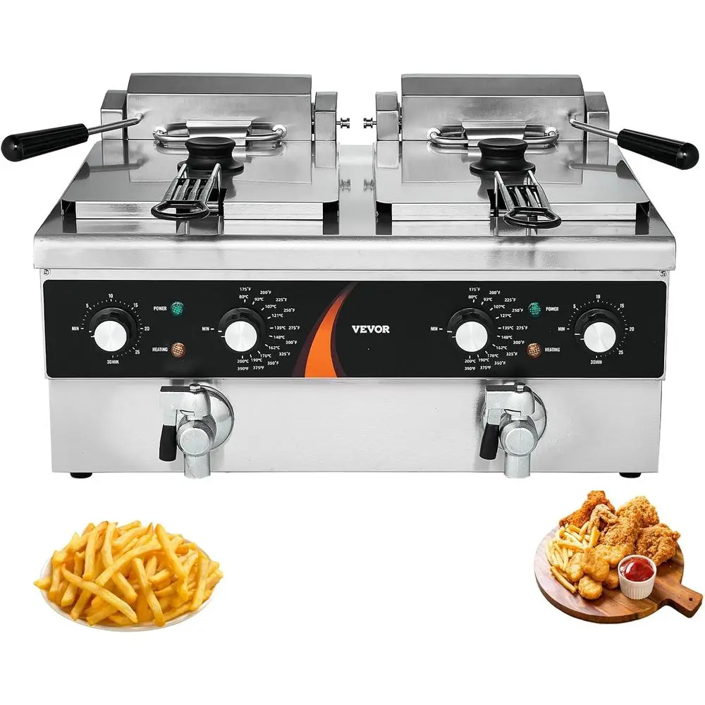 

Commercial Deep ryer, 2 x 9Qt / 8.5L Double Oil ryer with 2 Baskets, 1mm Thickened StainlSteel, Dual Tank 3500W Electric Counter