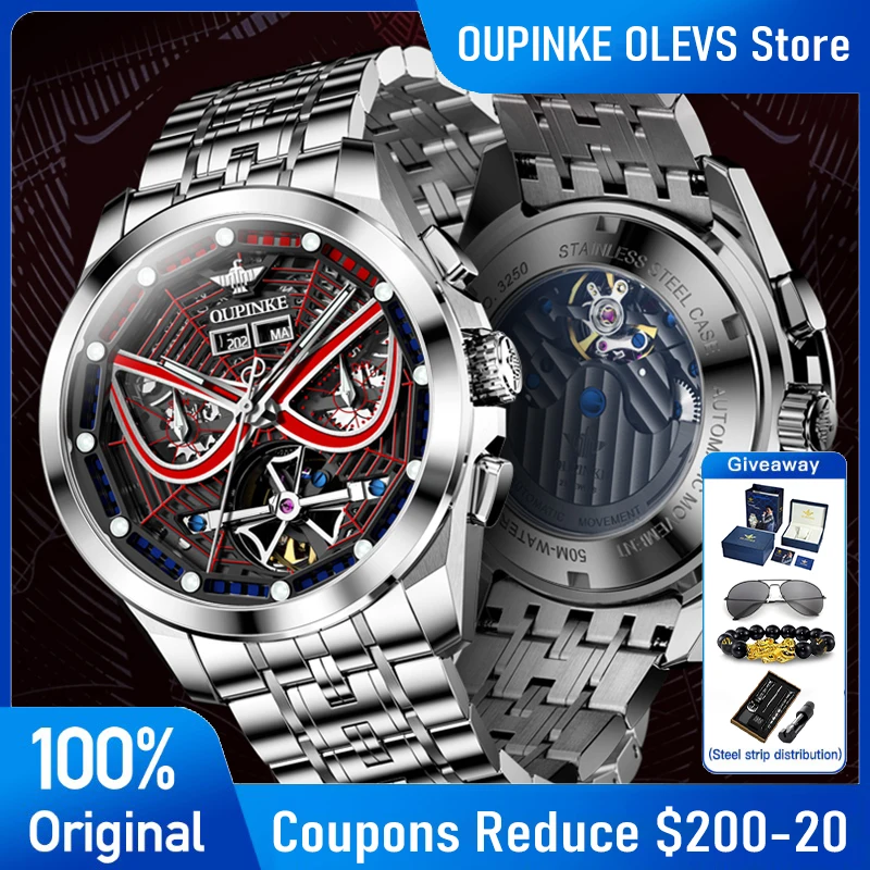 

OUPINKE 3250 Mens Watch Original Automatic Mechanical Watch 50M Waterproof Perpetual Calendar Watch Tourbillon Skeleton Luxury
