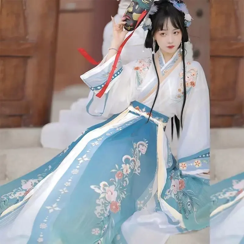 ผู้หญิงจีนHanfu Gradientแบบดั้งเดิมเย็บปักถักร้อยเวทีเต้นรําชุดเจ้าหญิงFairyโบราณชุดคอสเพลย์