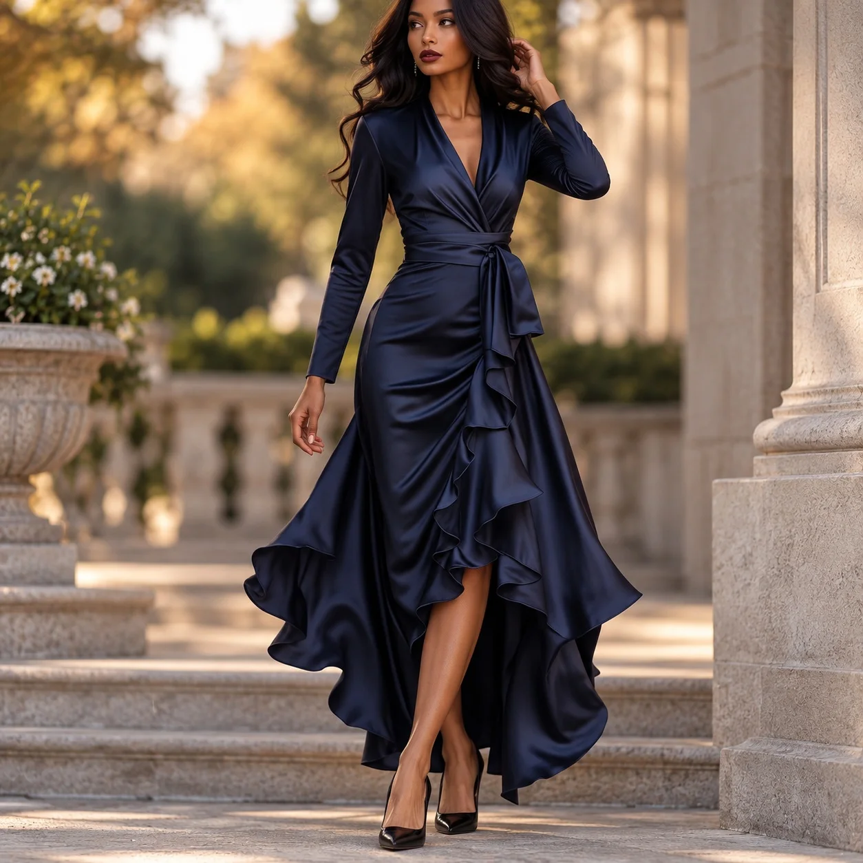 V Neck Patchwork Dress High Waist Light Mature Style with Long Sleeve Maxi Length Flared Hem Regular Sleeve Autumn for Women