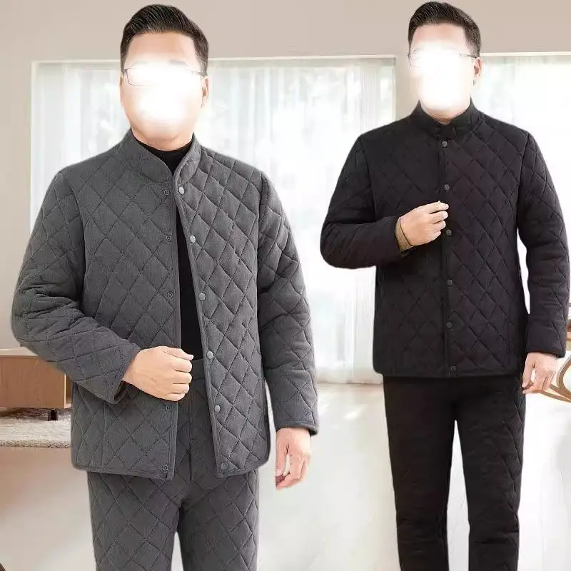 

Thiened Fce теплый мужской кардиган, хлопковые брюки, комплект зимней одежды для папы, свободная посадка, полиэфирное волокно обычной длины