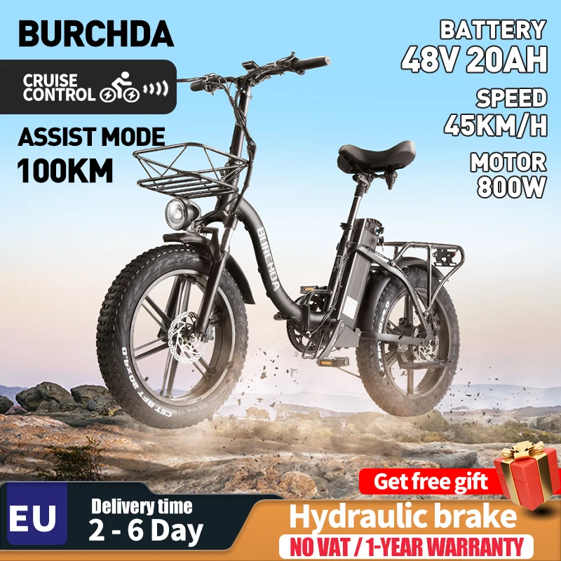 BURCHDAR8SElectric Bike1000W Brushless MotorFoldable Electric Bicycles for Adults, 48V 20Ah Removable BatteryFat Tire 20