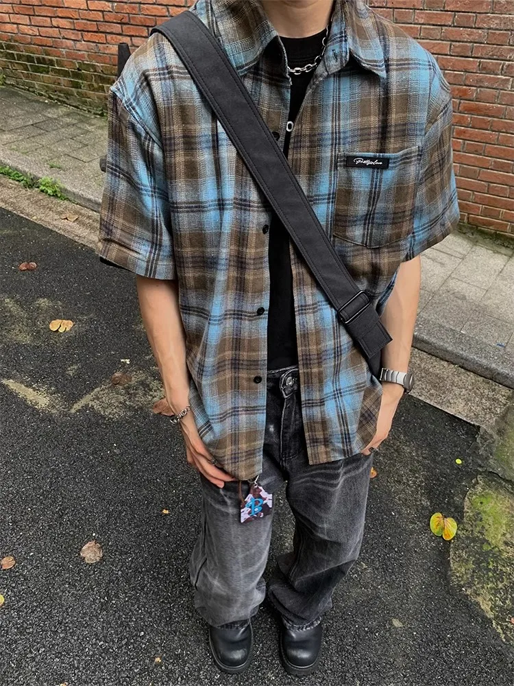 

American Retro Plaid ort Sve irt Loose Casual Thin Summer Men's Faion Outerwear Breathable Youth ular Sle