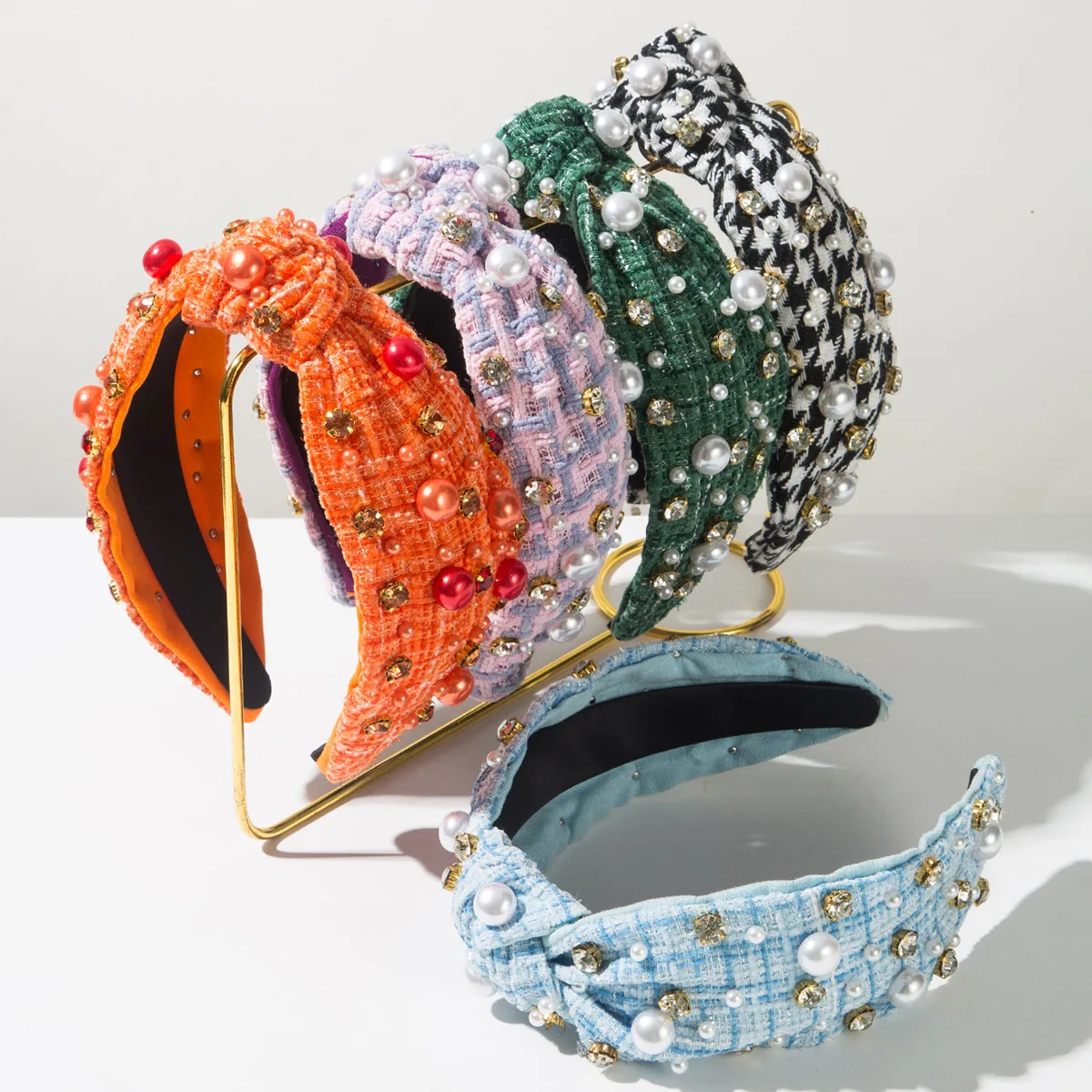 

Клетчатая шерстяная повязка на голову с жемчугом и стразами, повязка на голову с крестом, аксессуары для волос для взрослых, украшения для волос