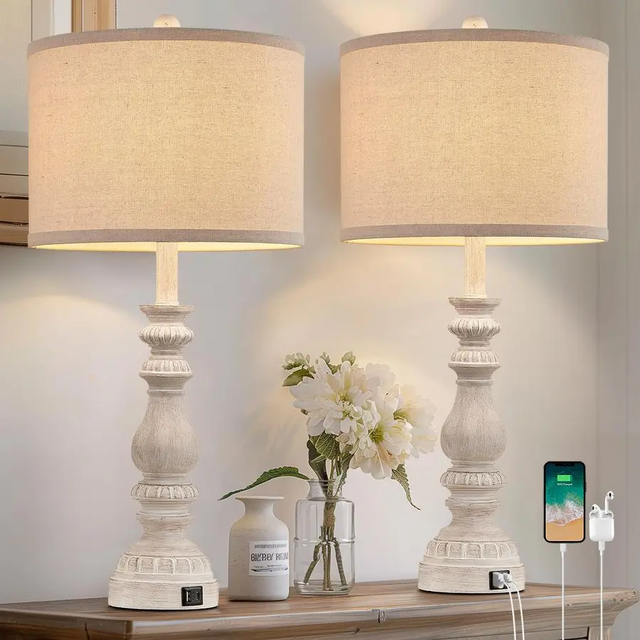 

Tall Farmhouse Table Lamps Set of 2 for Living Room Rustic Bedside Lamps with USB CA Traditional Lamp for Bedroom Nightstand Of