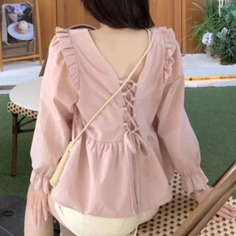 Blusas con cuello en V para mujer, estilo coreano, sencillo, liso, con cordones, sin espalda, diseño de nicho, elegante, moda para chicas Ins, manga larga de primavera