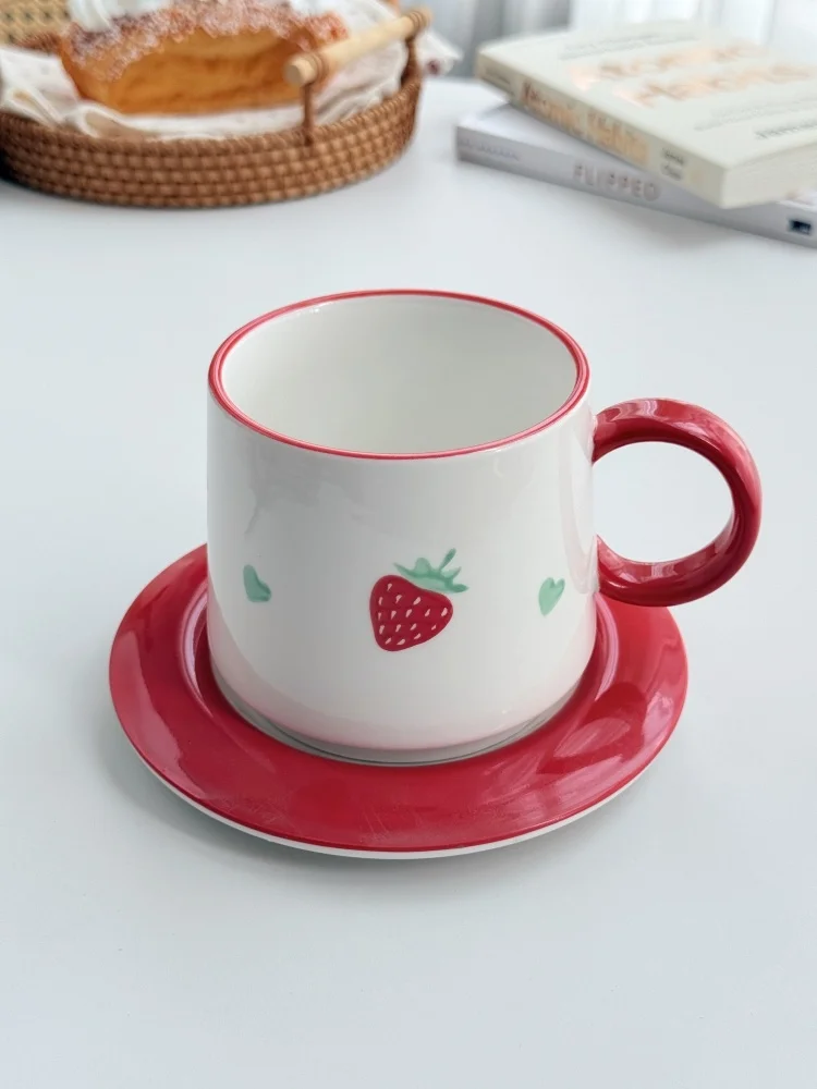 Cute Strawberry Pattern Ceramic Cup Dish Set New Household 420ml Aesthetic Green Heart  Office Coffee Mug Round Dessert Dish