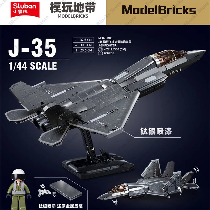 SLUBAN Military Modern Plane WW2 J-20 J-35 Stealth Fighter Building Blocks World War 2 Air Force Aircraft Bricks Model Kit Toys