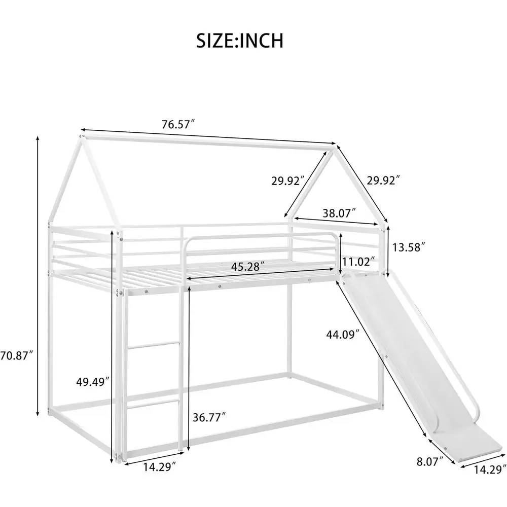 Twin Over Twin Metal loor Bunk Bed with Slide,Metal Junior House Twin Size House Bunk Bed e with Ladder & Roo or Boy Girl, No Bo
