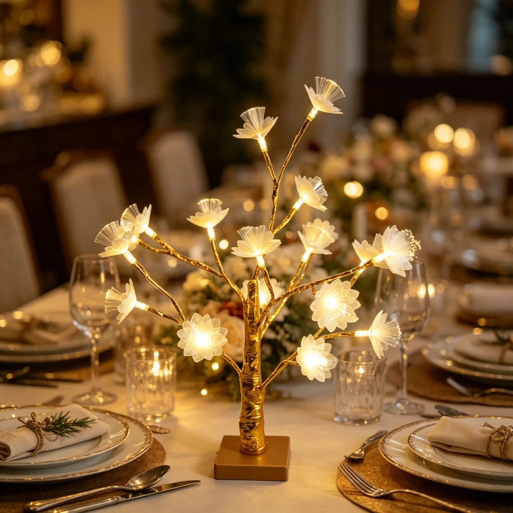 

1PC 18LED Fiber Optic Lotus Flower Golden Birch Tree LED Table Lamp, Floral Desktop Light for Bedroom Table Wedding Home Decor