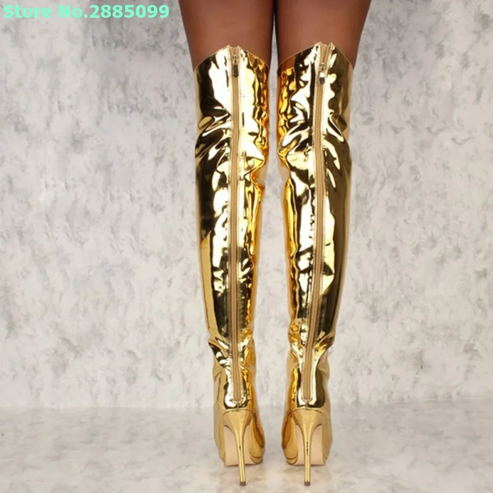 Gold Stiletto Heel Thigh High Boots Lace Up Cross Tied Peep Toe Solid Patent Leather Back Zipper Spring Autume Long Boots Shoes