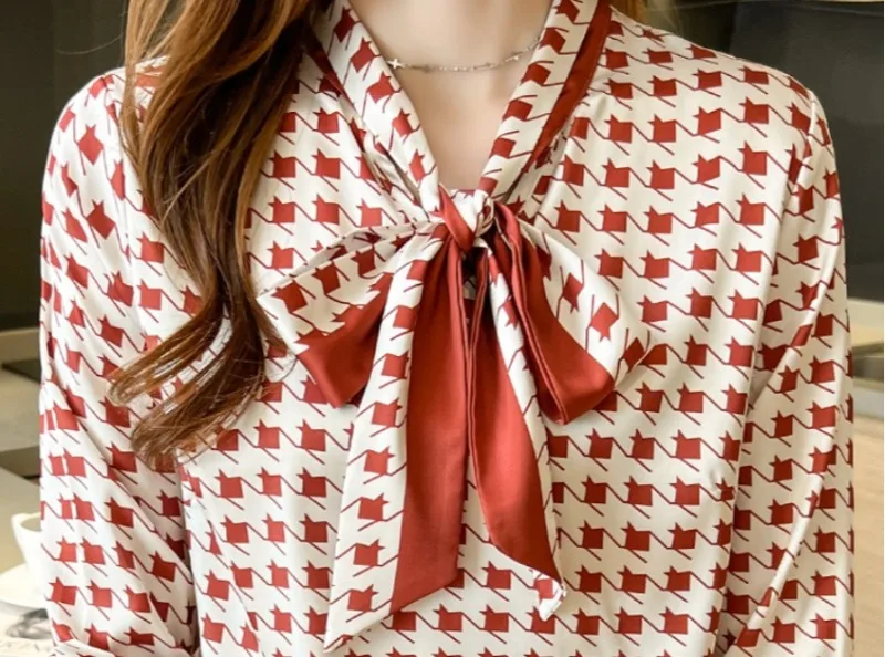 Satin Women\'s Shirts Spring/summer Silk Plaid Vintage Blouses Loose Long Sleeves Women Tops Solid Bow Fashion Clothing