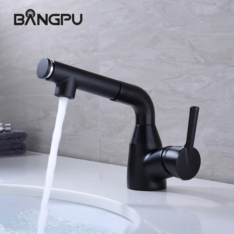 

Contemporary One Handle Basin Sink Faucet Dual Function Pull Out Sink Faucet Deck Mounted Single Hole Cold Hot Mixer Taps Black