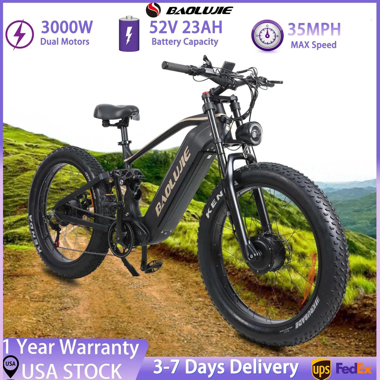 

BAOLUJIE P2 Electric Bike for Adults，Long Rang 37-41 Miles Electric Bicycle，3000W Motor 52V 23AH E bike， 35 MPH【1 Year Warranty】