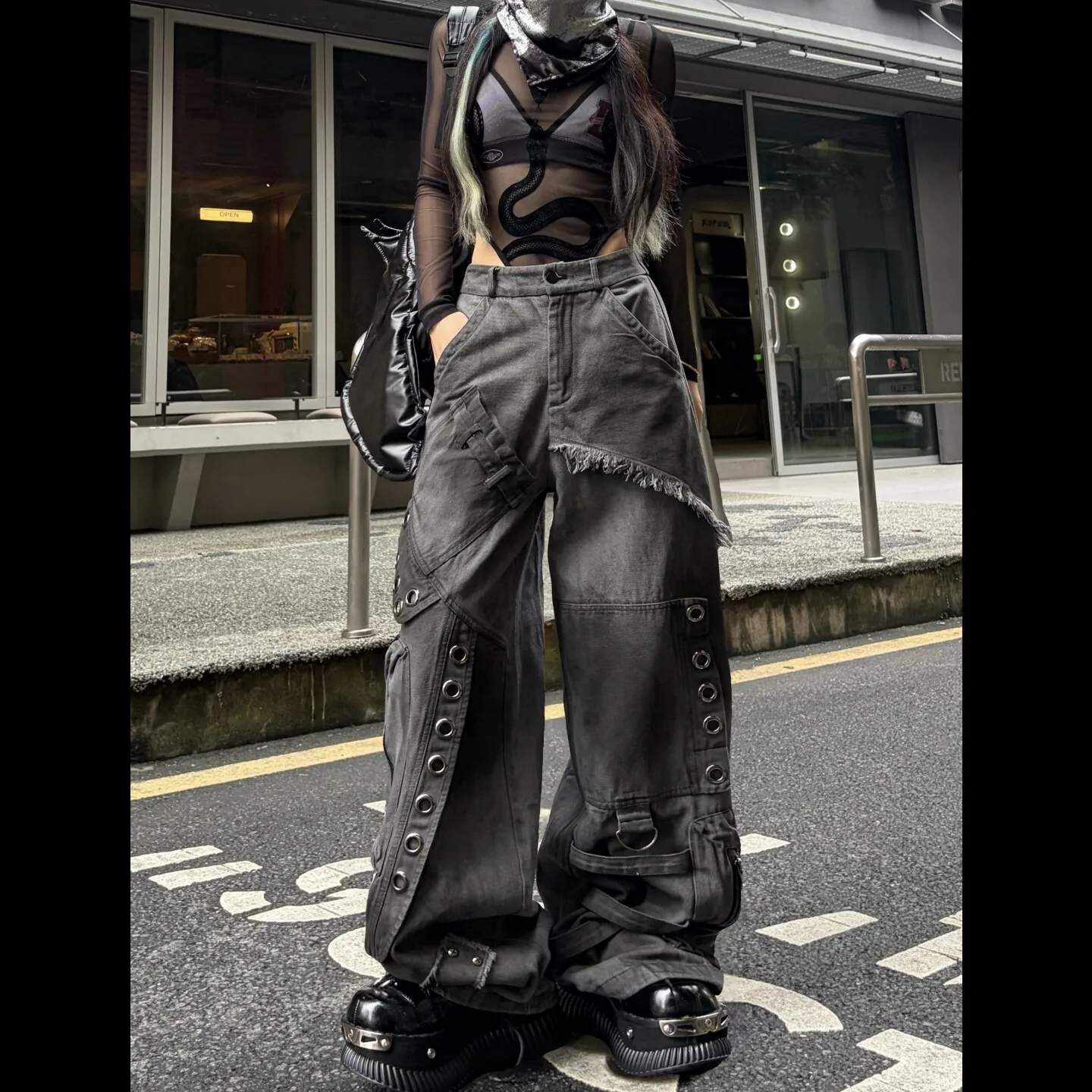 Womens Gray Washed Cargo Jeans Distressed Deconstructed Denim Pants Irregular Edges Metal Details for Hip Hop Dancewear