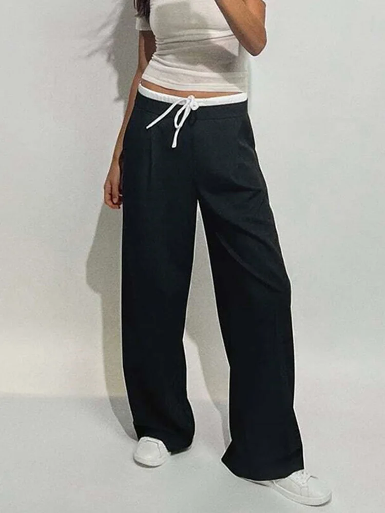 ZHUISHU 2024 Women Fashion Vintage Solid Straight Pants Side Zipper Drawstring Casual Trousers Spring New Female Wide Leg Pants