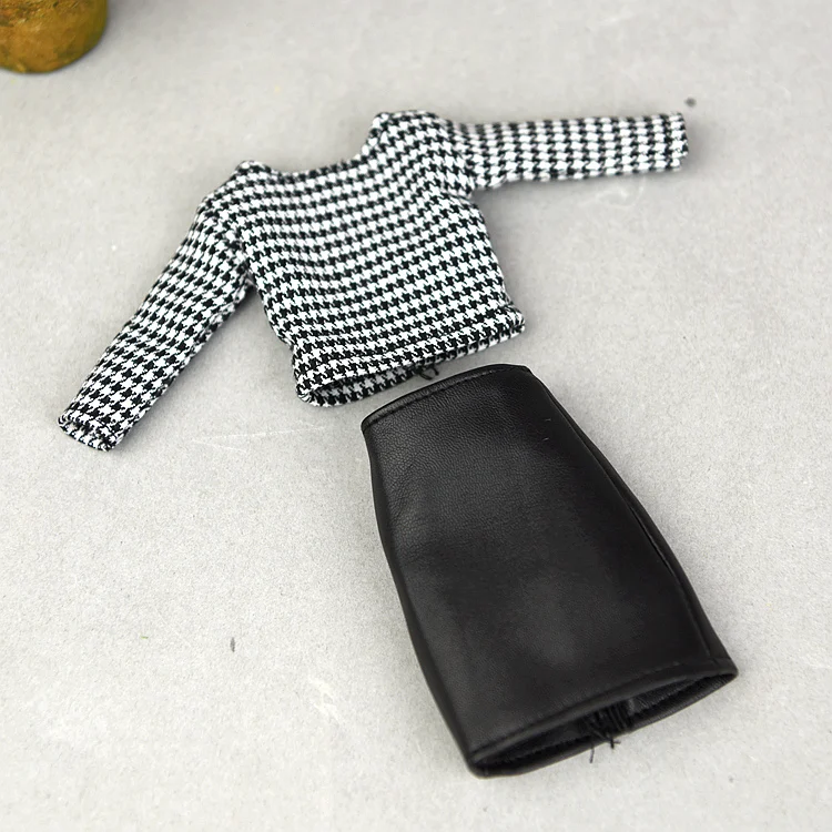 Grid shirt + leather skirt / clothing set outfit for 30cm barbie xinyi fr2 kurhn doll /  doll clothes