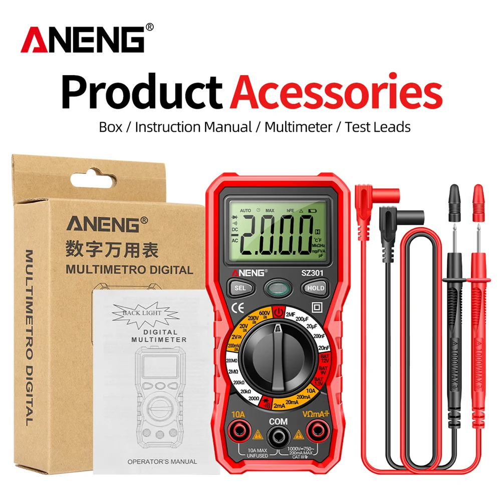 ANENG SZ301 Smart Digital Multimeter 2000 Counts Professional AC/DC Voltage Tester Ammeter Battery Powered High Precision Tools