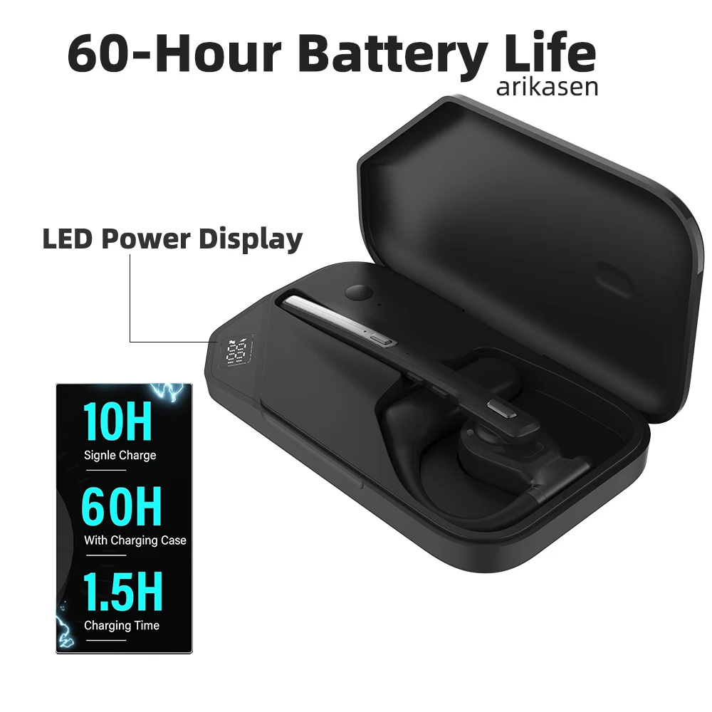 Bluetooth Headset V6.0, Wireless Headset with Dual Noise-Canceling Microphones, Portable Charging Case, Hands Free Headphones