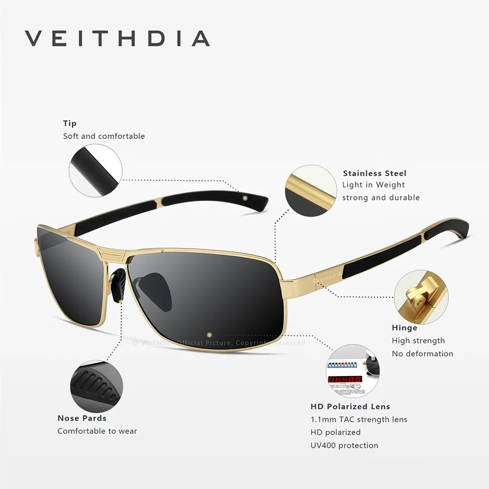 VEITHDIA Men Sunglasses Vintage Polarized UV400 Lens Driving Sun Glasses Rectangle Eyeglasses For Male Eyewear Accessories 2490