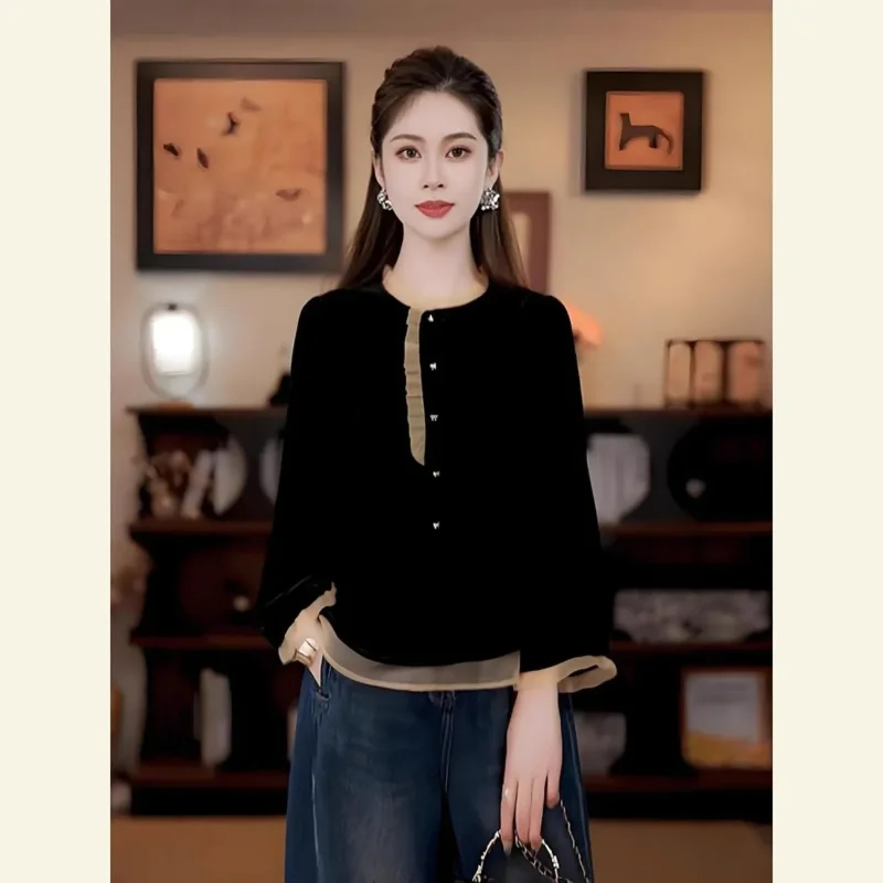 

ChicЛуч с длинными рукавами, универсальная элегантная мода, легкая роскошная черная бархатная рубашка в западном стиле, уменьшающая возраст