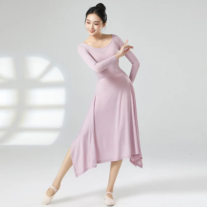 Women Modern Dance Long Dress  Solid Ice Silk Practice Clothes Big U Collar Irregular Split Hemline Folk Dancer Worship Costume