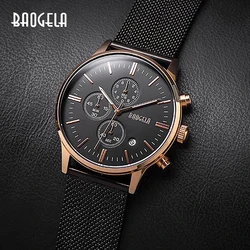 BAOGELA Fashion Quartz Watch Mens Black Mesh belt thin round Watches Christmas Gifts Men Chronograph Wristwatch For Male