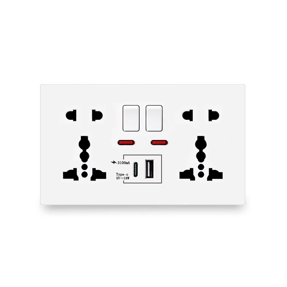 18W Type-C Fast Charge Wall Outlet 13A Smart Quick Charge Interface Universal Dual Socket Switch Control Type-C USB Port Socket