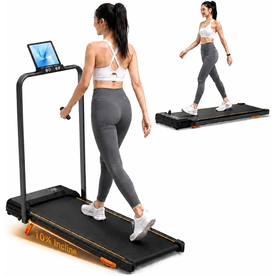 Walking Pad with Incline and Stable Handle Bar, Foldable Treadmill for Home Use, Steel Frame, Black, Compact Space-Saving Desig