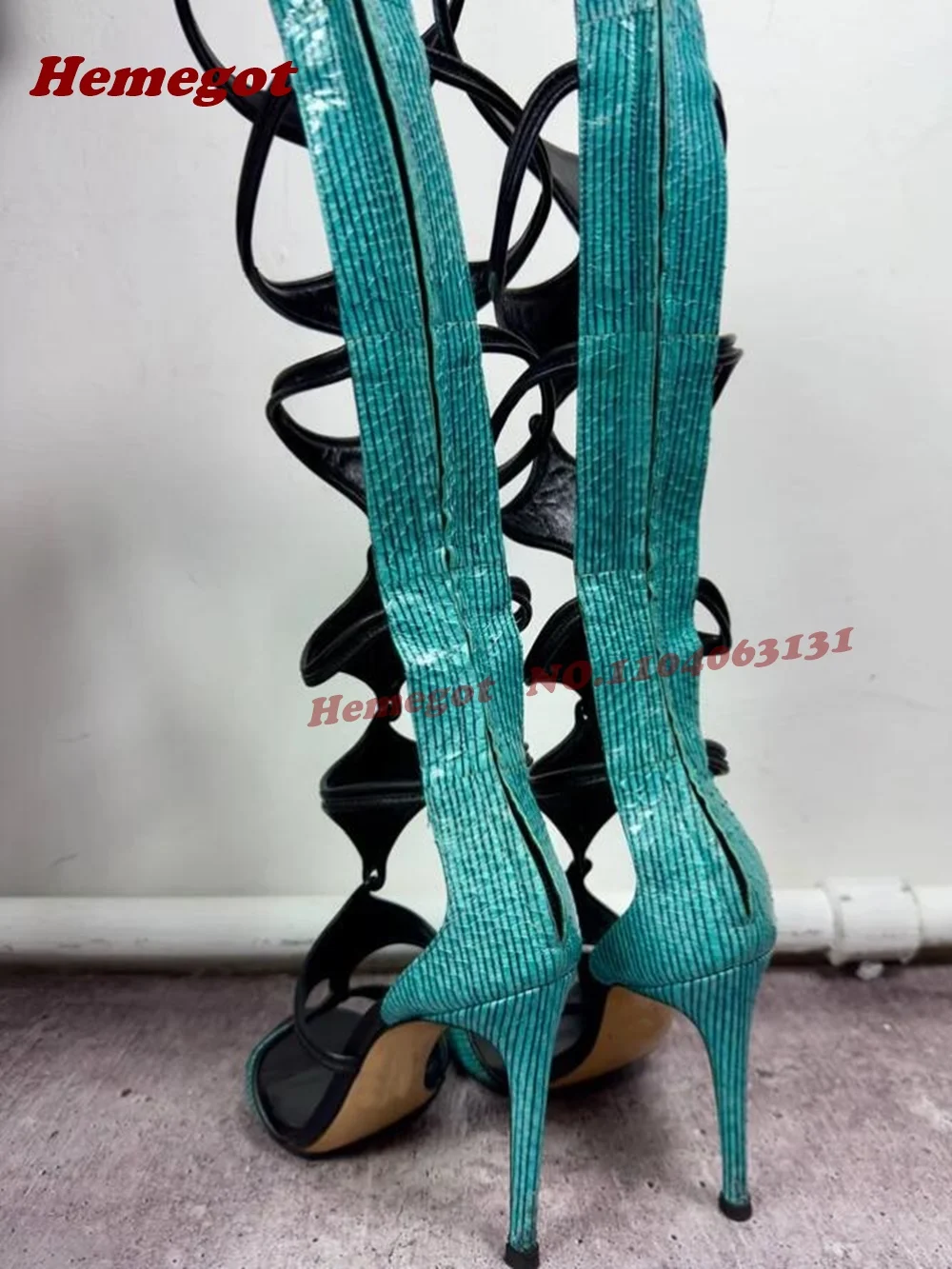 Turquoise Lizard Print Gladiator Heels Hollow Out Stiletto Heels Women's Sandals Patchwork Summer Runway Shoes Concise Elegant view 4