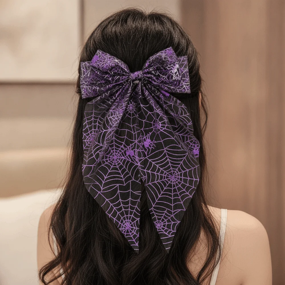 Spider Web Pumpkin Witch Halloween Bow Hair Clip Bronzing Transparent Long Ribbon Bow Duckbill Clip Headpieces Mesh Tassel