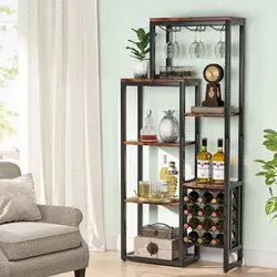 Tribesigns Wine Rack Freestanding Floor,5Tier Wine baker Rack with Glass Holder&Wine Storage,Wine Display Shelf Wine Bar Cabinet