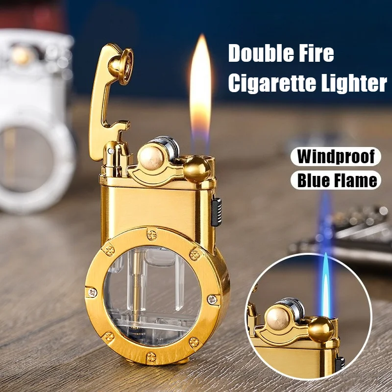 Isqueiro duplo pode mudar chama fumaça transparente câmara de ar à prova de vento chama aberta isqueiros e acessórios para fumar