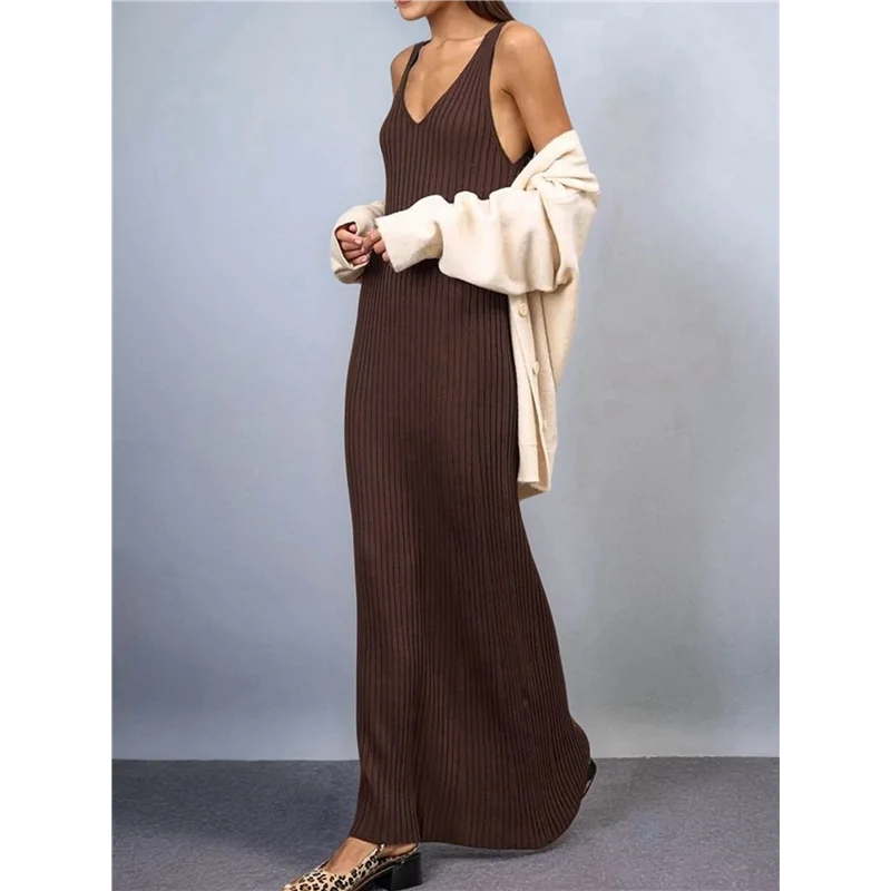 ASDS-Dames 2025, zomer lente, V-hals, gebreide midi-jurk, bodycon, casual, mouwloze geribbelde truijurken