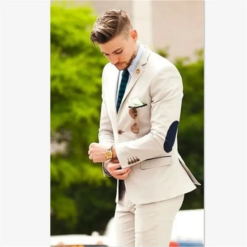 

Mens Suits (Jacket+Pants) Latest Designs Beige Groom Tuxedos Elbow Patches 2 Pieces Wedding Prom Dinner Italian Man Suit Blazer