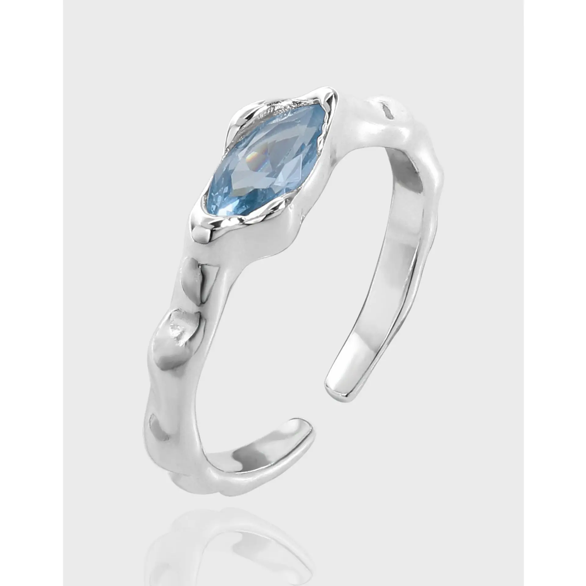 F.I.N.S Original Blue Zircon S925 Sterling Silver Open Ring Luxury Pleated Irregular Adjustable Index Mid Finger Fine Jewelry
