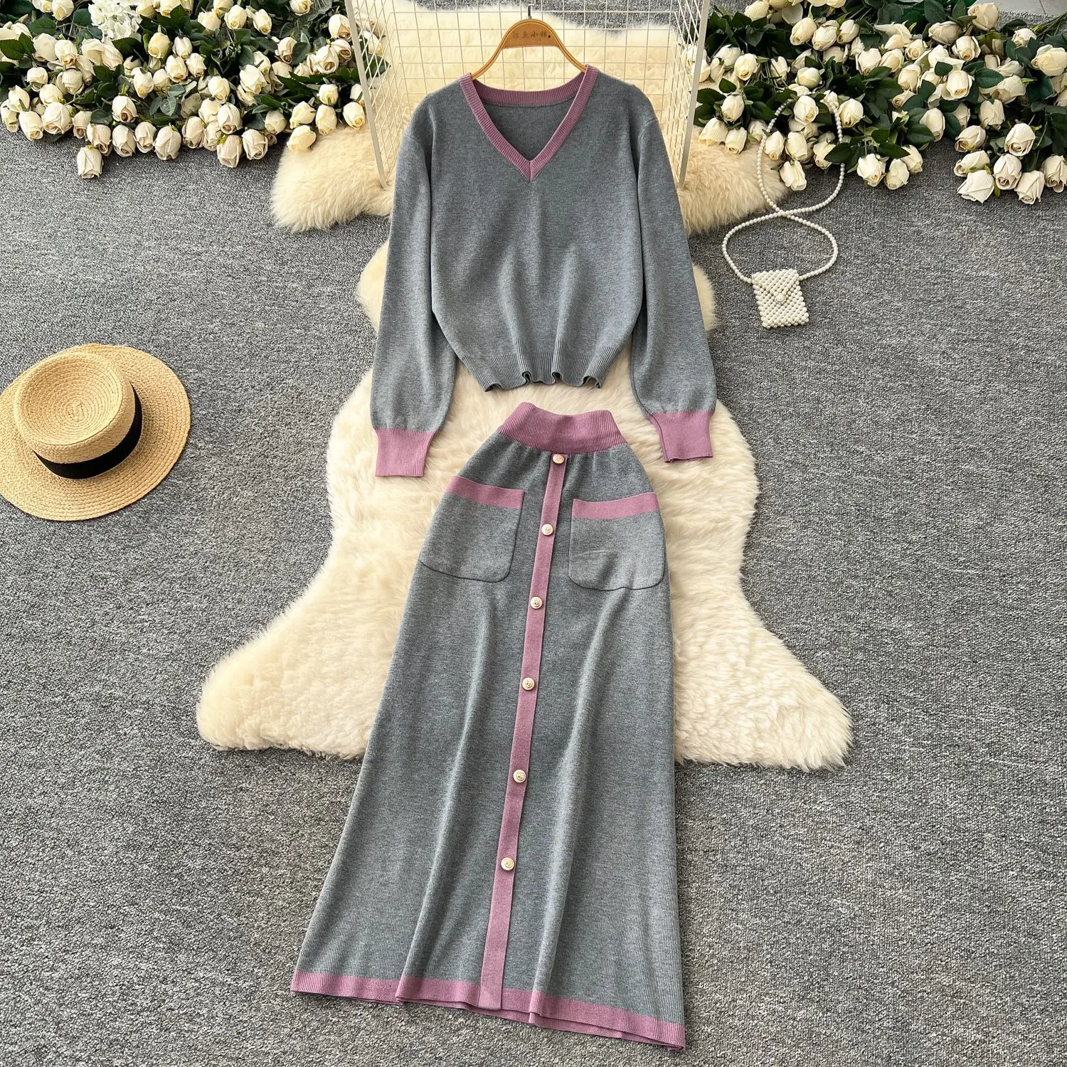 تنورة مجموعة النساء قطعتين مجموعات الخامس الرقبة كم كامل متماسكة القمم التنانير الطويلة مرونة الخصر Y2k الشارع الشهير العمل سليم صالح الخريف الشتاء #3