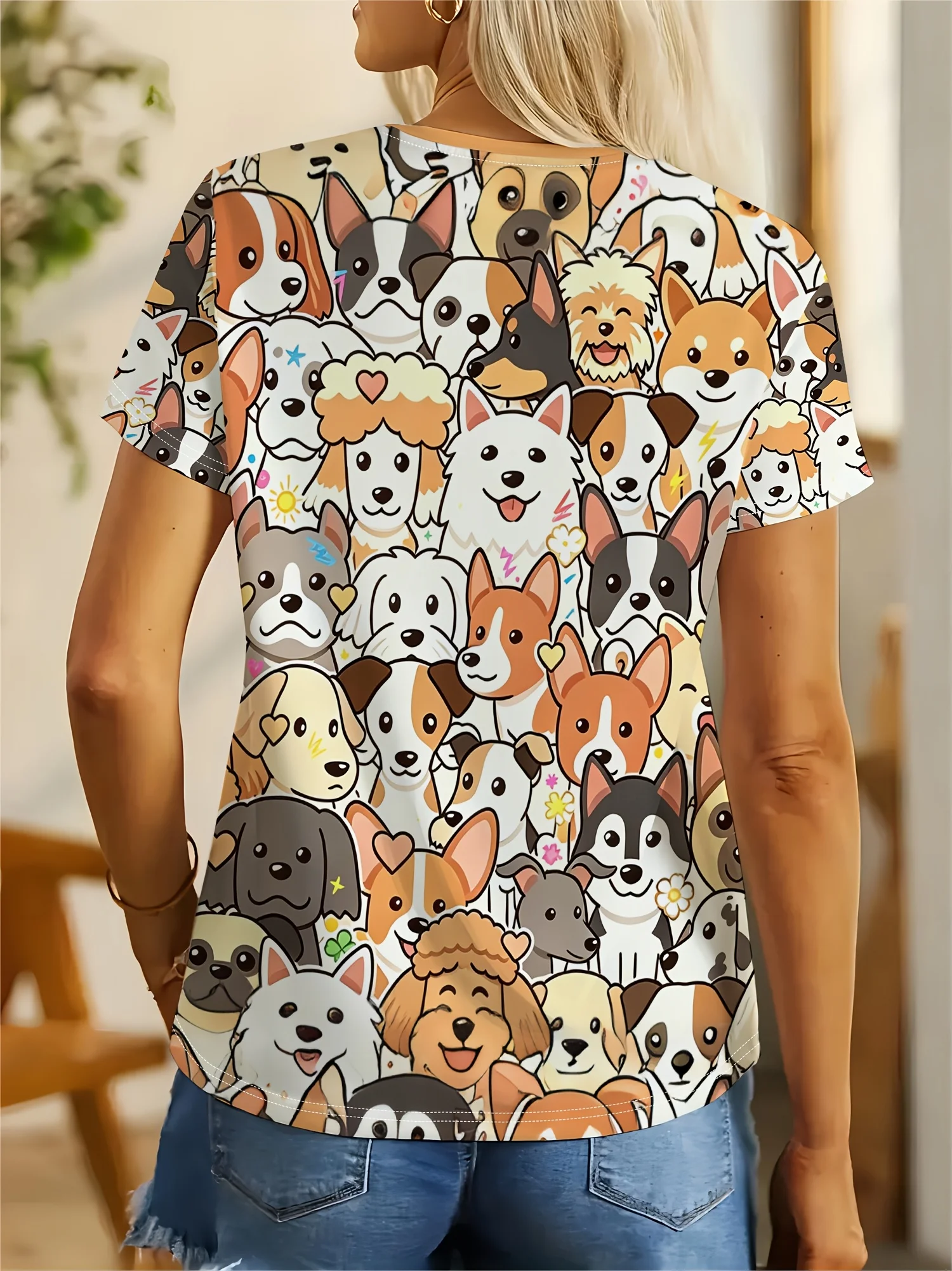 Women's T-shirt Cute Cartoon Multi Dog Breed Print Round Neck Short Sleeve Trendy Streetwear Summer Daily Casual Ladies Clothing