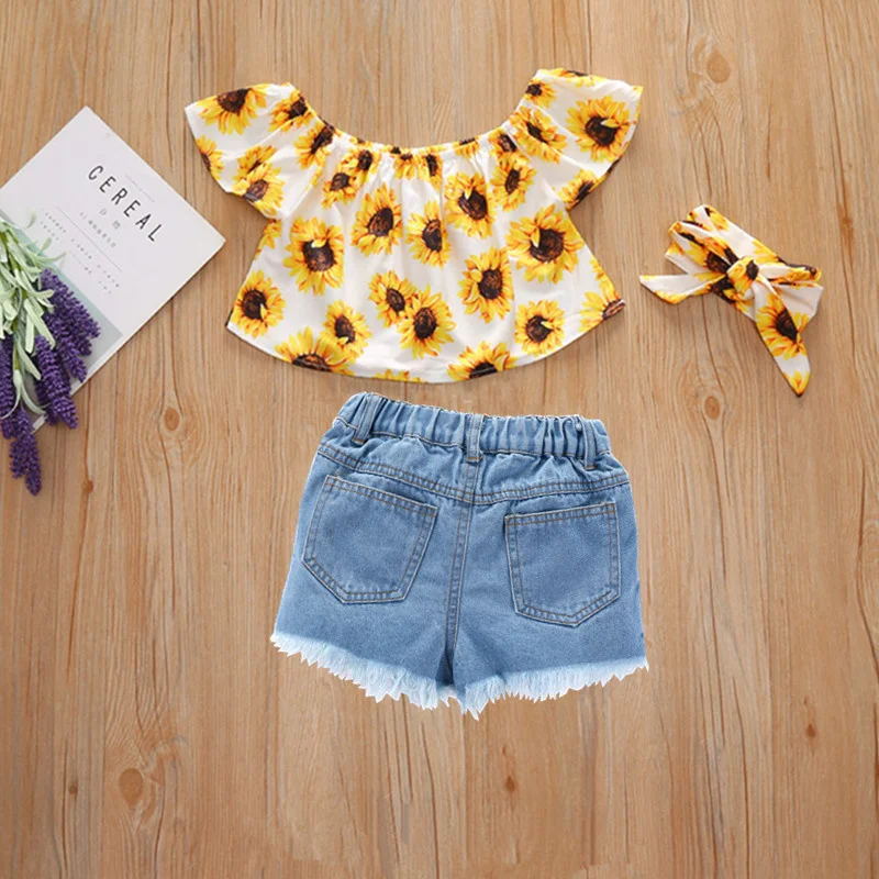 Lovely Kids Children Clothes Set Sweety Girls Yellow Ruffles Off Shoulder Tops+Denim Shorts+Hairband Outfit 3pcs Clothing Sets