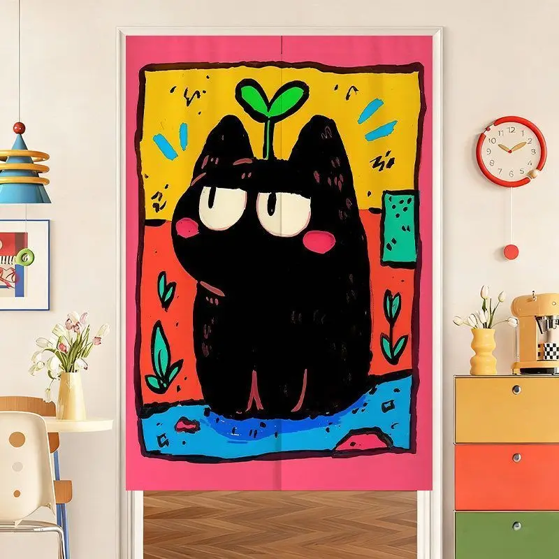 Dopamine Fun Black Cat Door Curtain Pop Art Pattern Home Non Perforated Room Covering Decorative Curtain