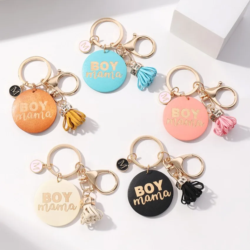 New DIY Handmade English Slogan BOYMAMA Wooden Tassel Keychain Simple And Versatile Pendant Wholesale