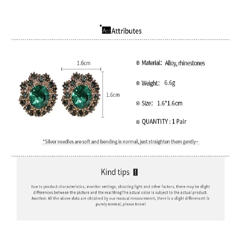 Vintage Green Rhinestone Stud Earrings Temperament Simple Geometric Round Women\'s Earring Dainty New Trendy Party Ear Jewelry K-